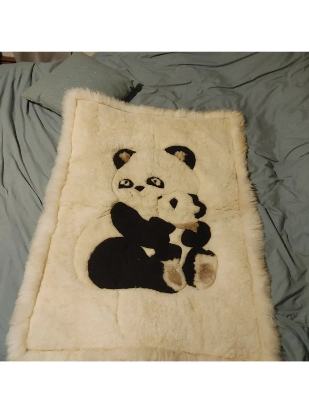 Panda Decor Wall Hanging Vintage Large Sheepskin Mama Baby Handcrafted Bolivia